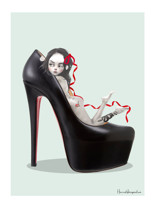 A quirky fashion art print featuring a girl inside a stiletto shoe, displayed without a frame.