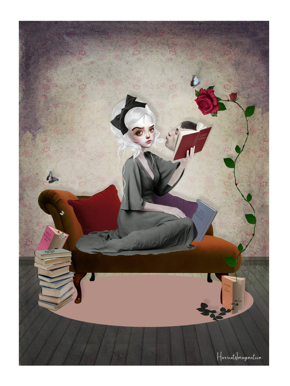 Girl reading books art print. The girl's surroundings come to life as she dives into each book, bringing insects and love stories to vibrant detail around her.