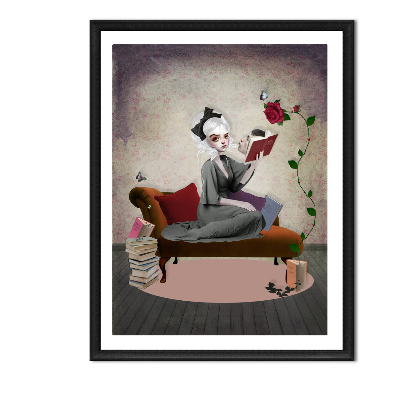 Book art print. A girl's surroundings come to life as she dives into each book, bringing insects and love stories to vibrant detail around her.