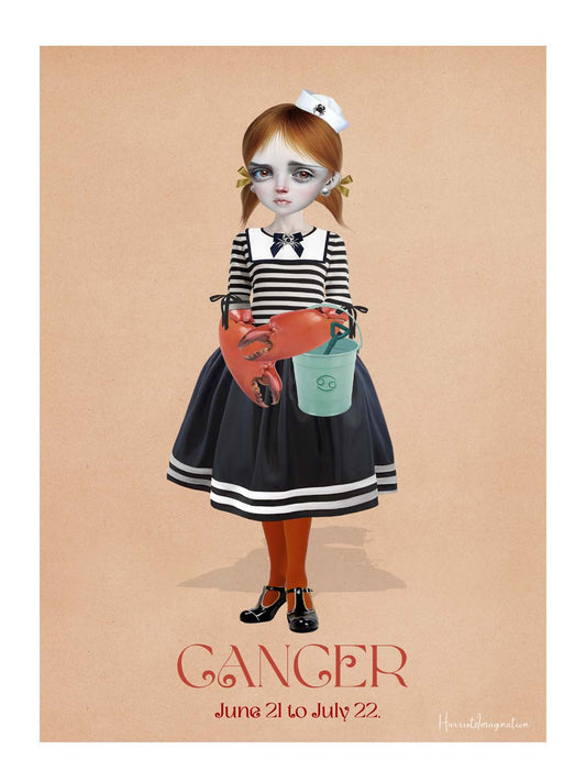 A star sign art print featuring a girl representing star sign Cancer, displayed without a frame.