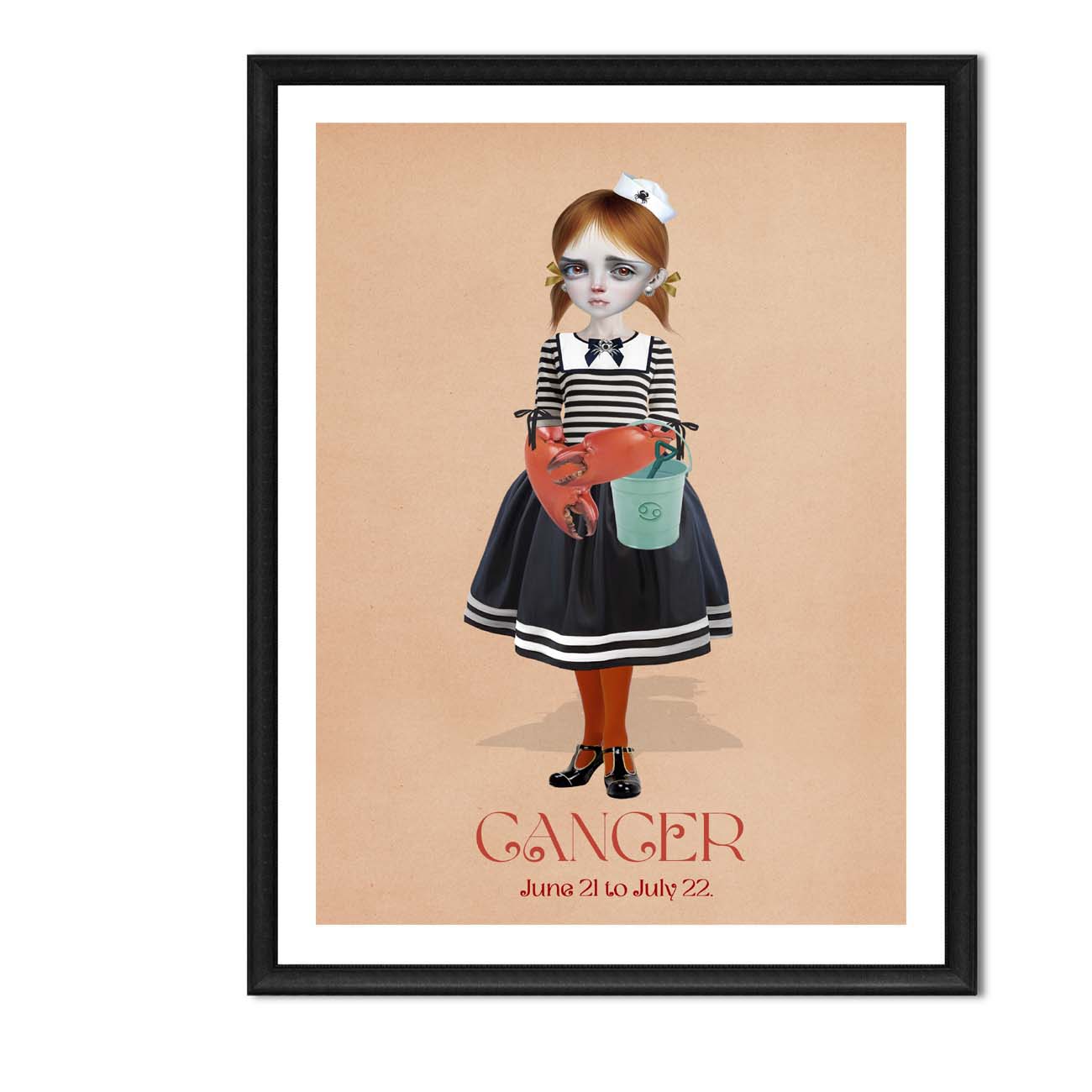 Girl representing star sign Cancer art print in a sleek frame, set against a white background.