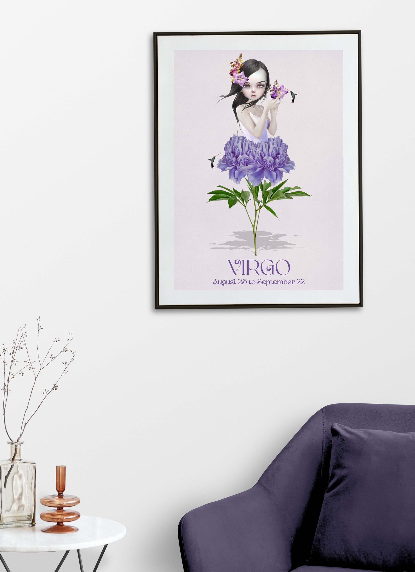Female representing the star sign Virgo art print hanging on the wall of a modern living room. Perfect for adding a  astrology touch to your home decor.