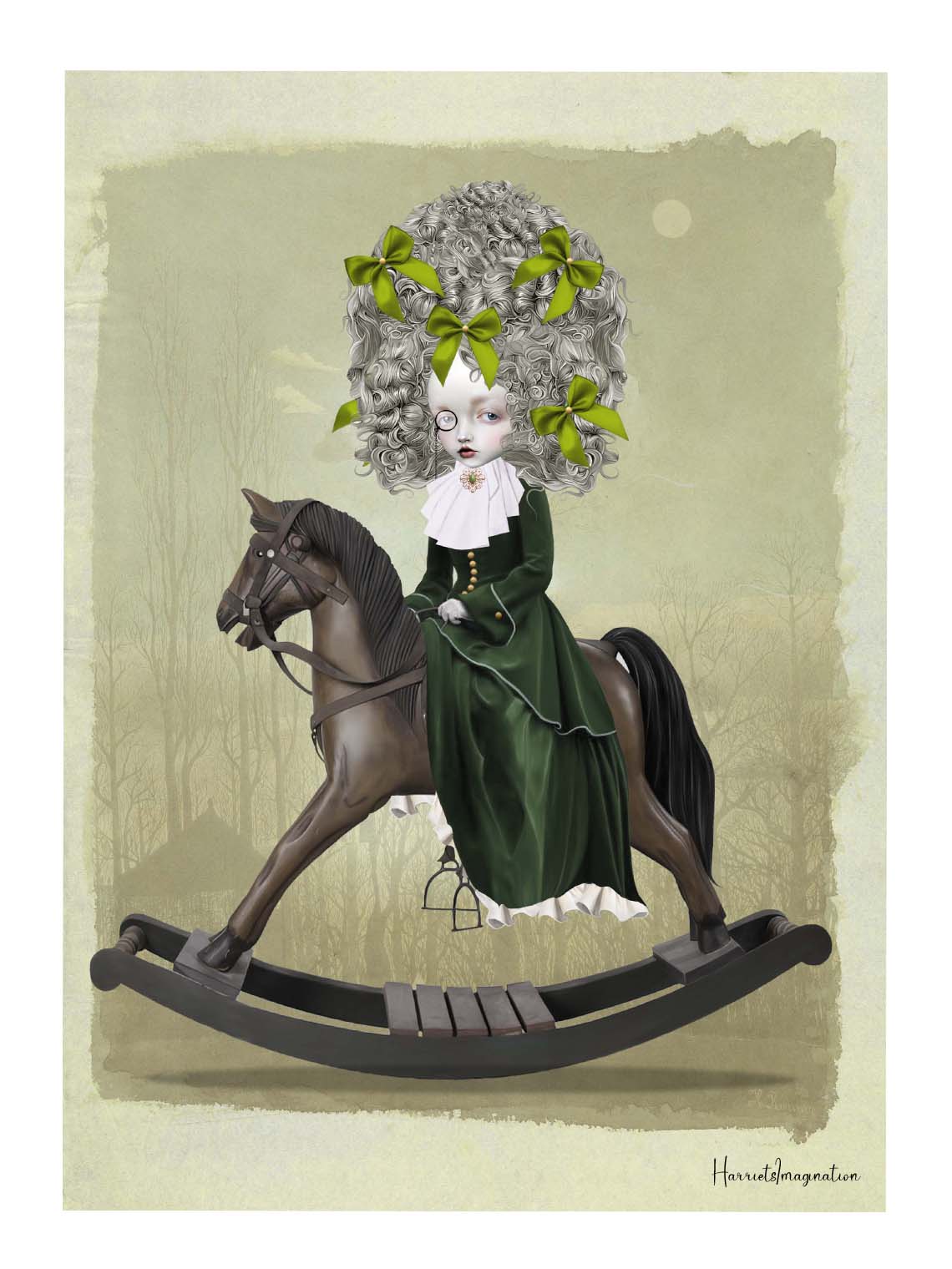 A quirky rococo art print featuring a girl riding a rocking horse, displayed without a frame.