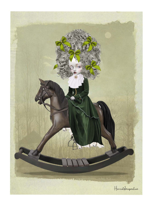 A quirky rococo art print featuring a girl riding a rocking horse, displayed without a frame.