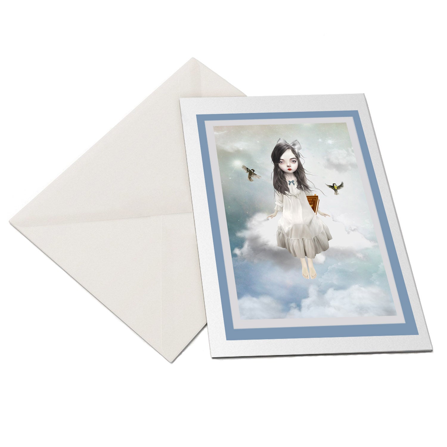 The flat-lay of a girl sitting on a cloud, greeting card and matching envelope is ideal for any occasion.