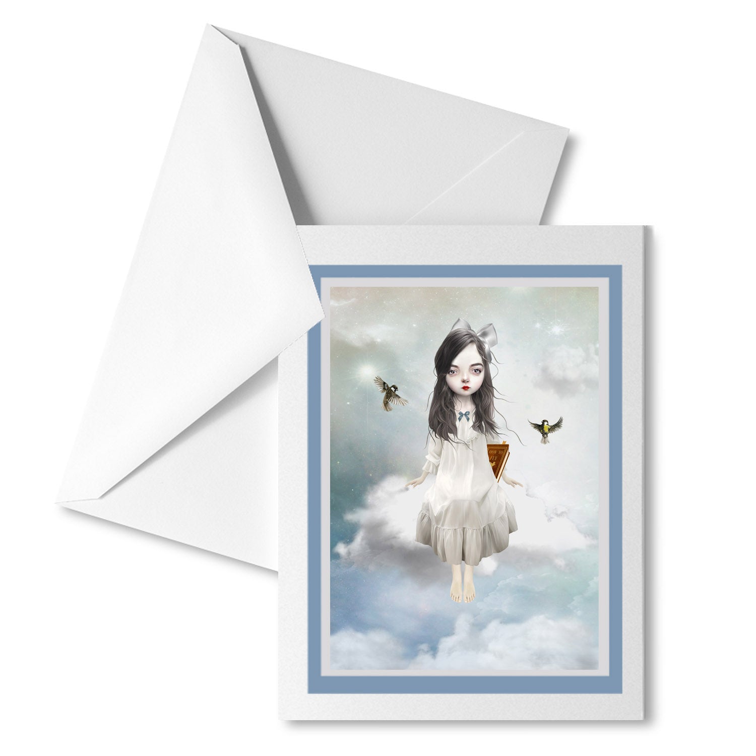Girl sitting on a cloud greeting card with matching envelope, perfect for sending a whimsical message.