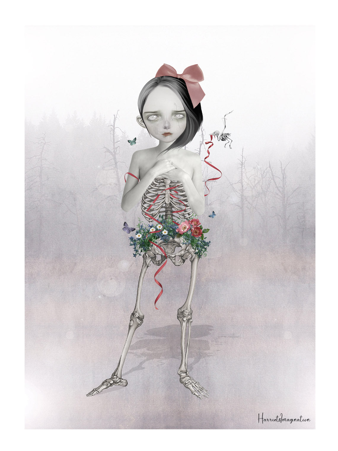 Girl Skeleton Art Print is a macabre and creepy addition to any Gothic decor. From the waist down, the girl is a hauntingly beautiful skeleton, with wild flowers blooming around her pelvis.