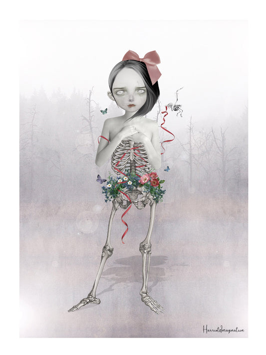Girl Skeleton Art Print is a macabre and creepy addition to any Gothic decor. From the waist down, the girl is a hauntingly beautiful skeleton, with wild flowers blooming around her pelvis.