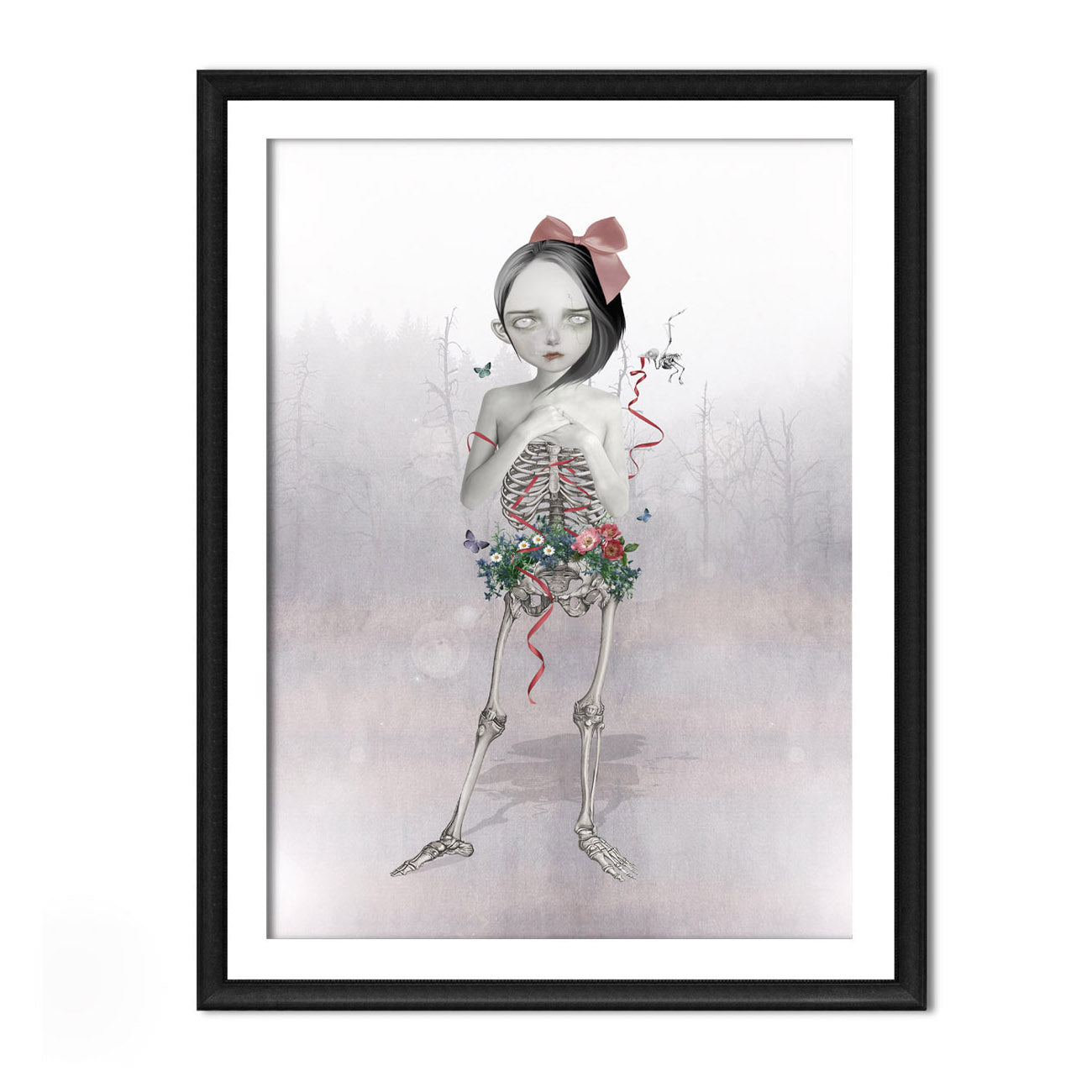 Girl Skeleton Art Print is a skeleton girl from the waist down, the girl is a hauntingly beautiful skeleton, with wild flowers blooming around her pelvis.