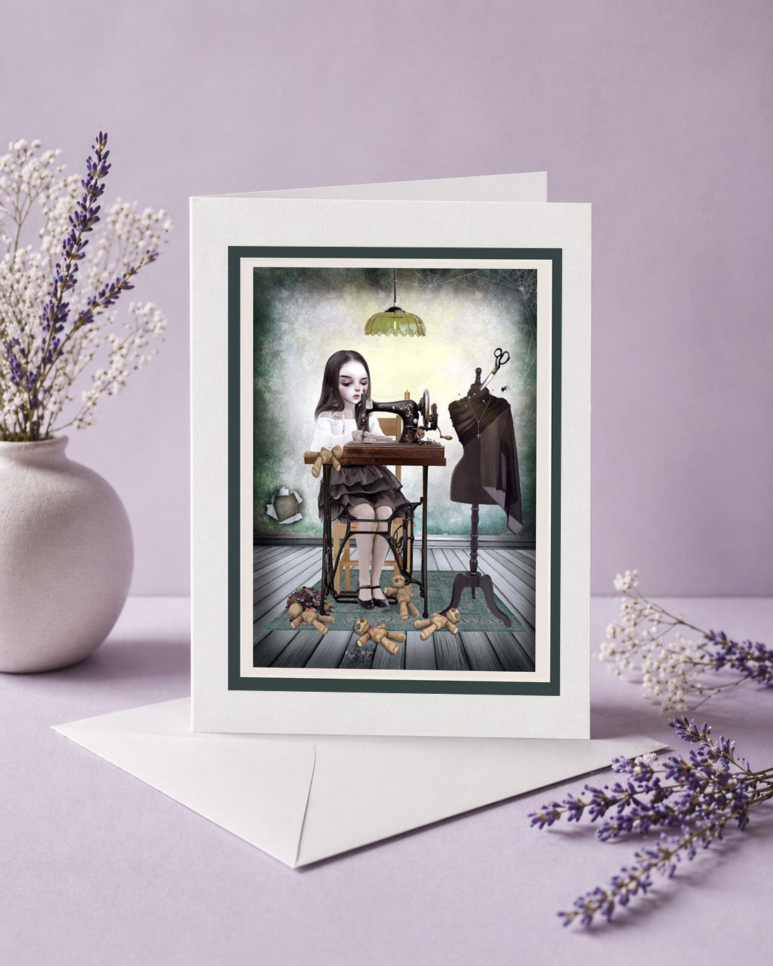Girl & Voodoo Dolls Art Greeting Card on a lilac background
