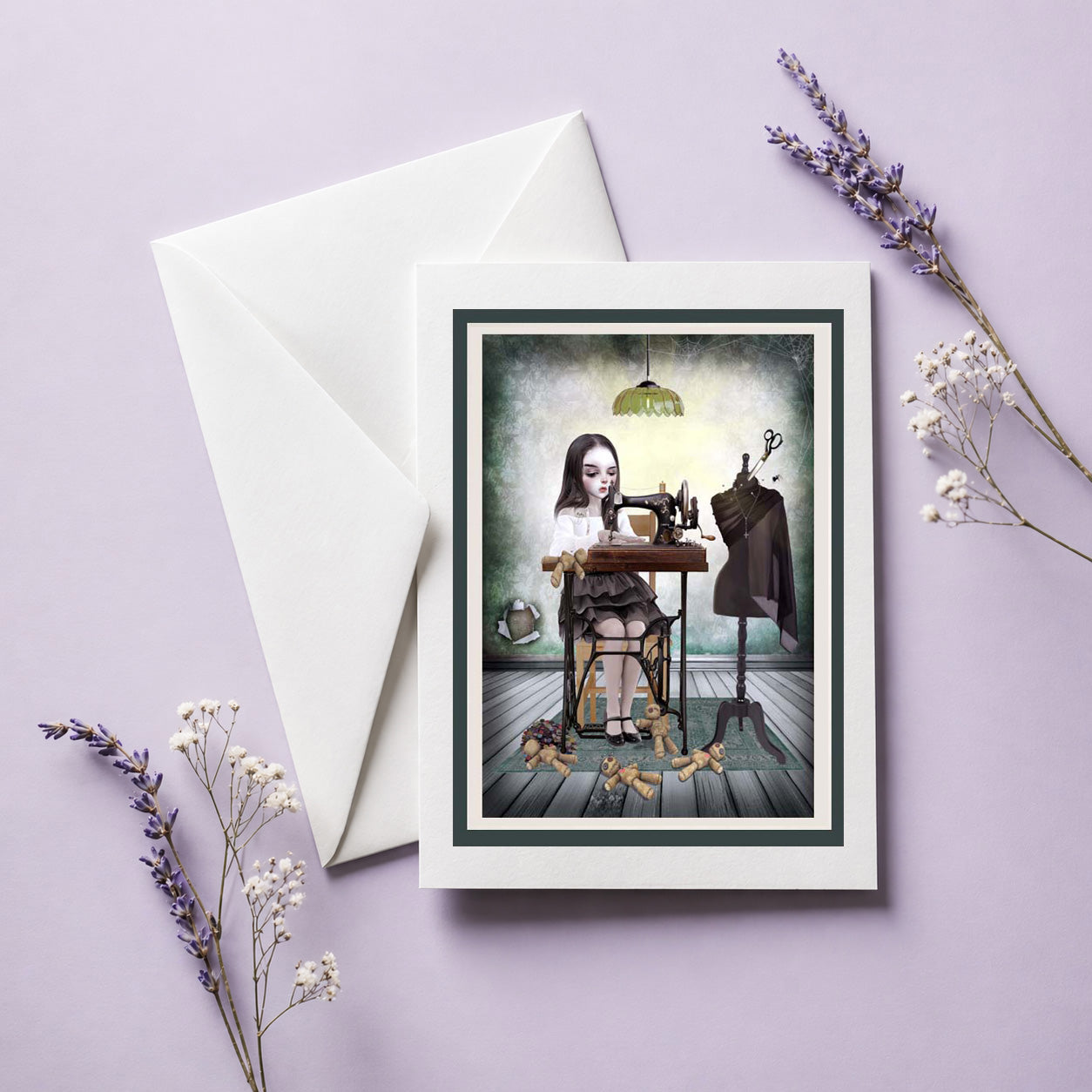 Greeting card with a girl at a sewing machine making voodoo dolls on a purple background