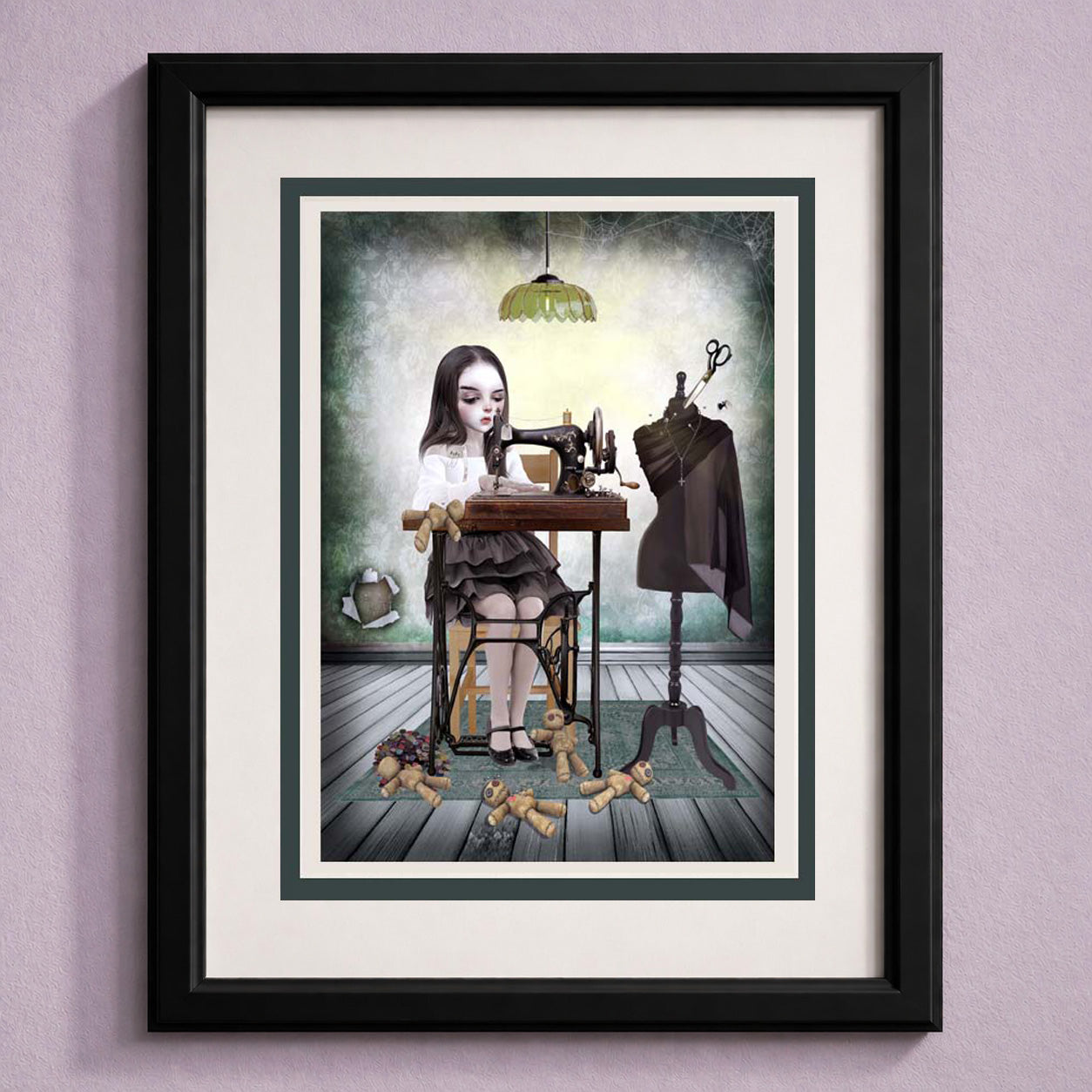Framed art greeting card of a girl at a sewing machine with a vintage aesthetic creating voodoo dolls