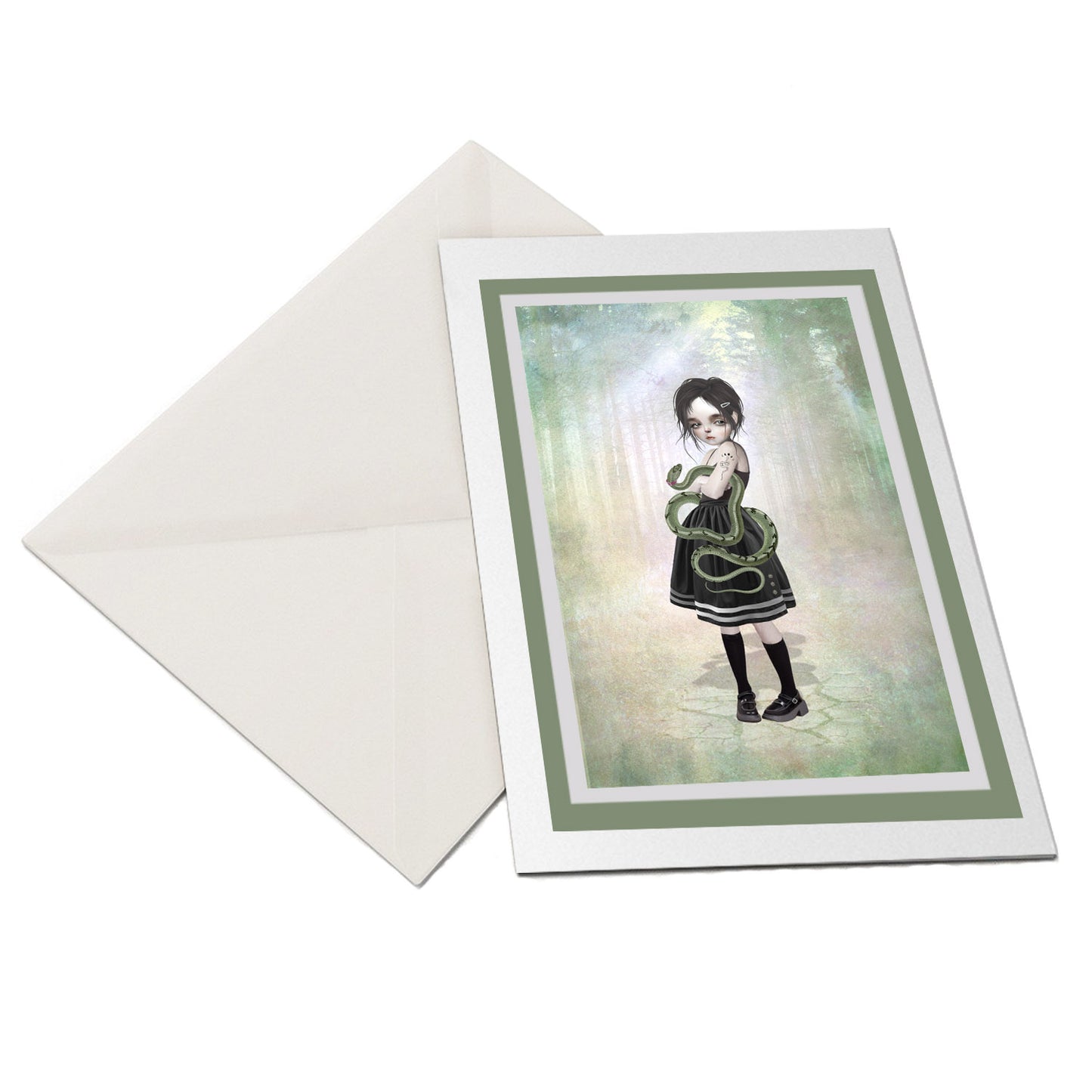 The flat-lay of the Girl and her pet snake greeting card and matching envelope is ideal for any occasion.