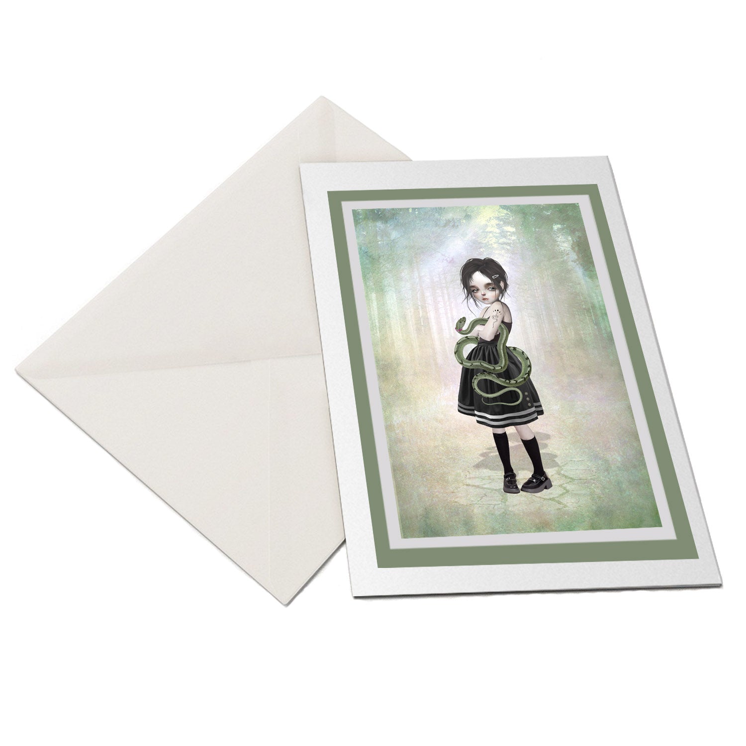 The flat-lay of the Girl and her pet snake greeting card and matching envelope is ideal for any occasion.