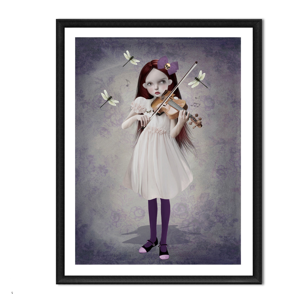Girl and dragonflies art print in a sleek frame, set against a white background.
