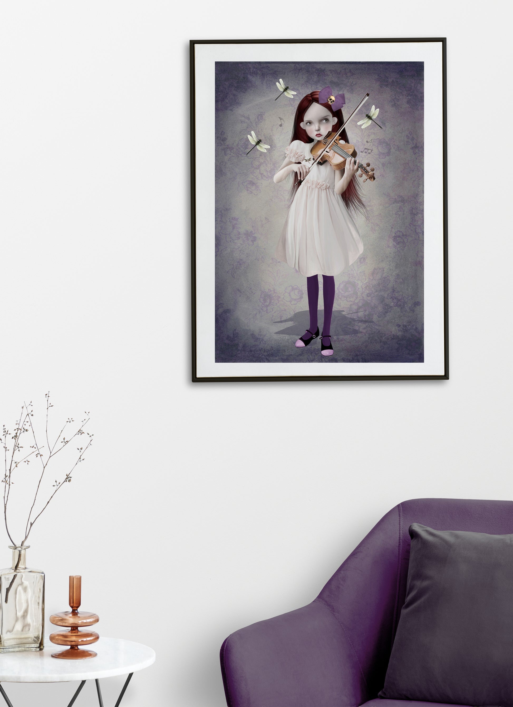 Girl and dragonflies art print hanging on the wall of a modern living room. Perfect for adding a  touch to your home decor.