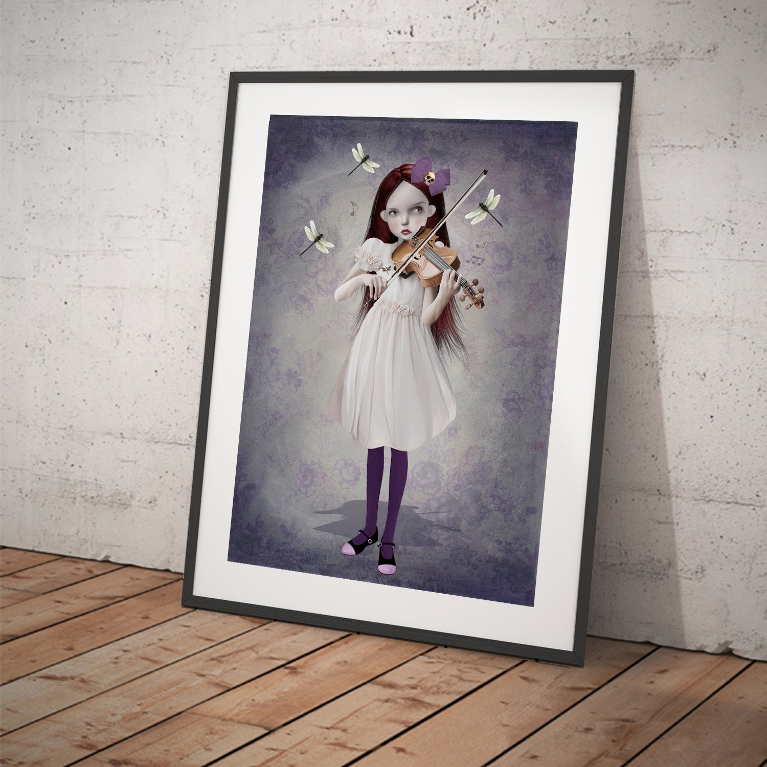 Art print featuring a girl playing a violin surrounded by violins. Displayed in a tilted frame for a stylish presentation. Perfect for whimsical-themed decor.