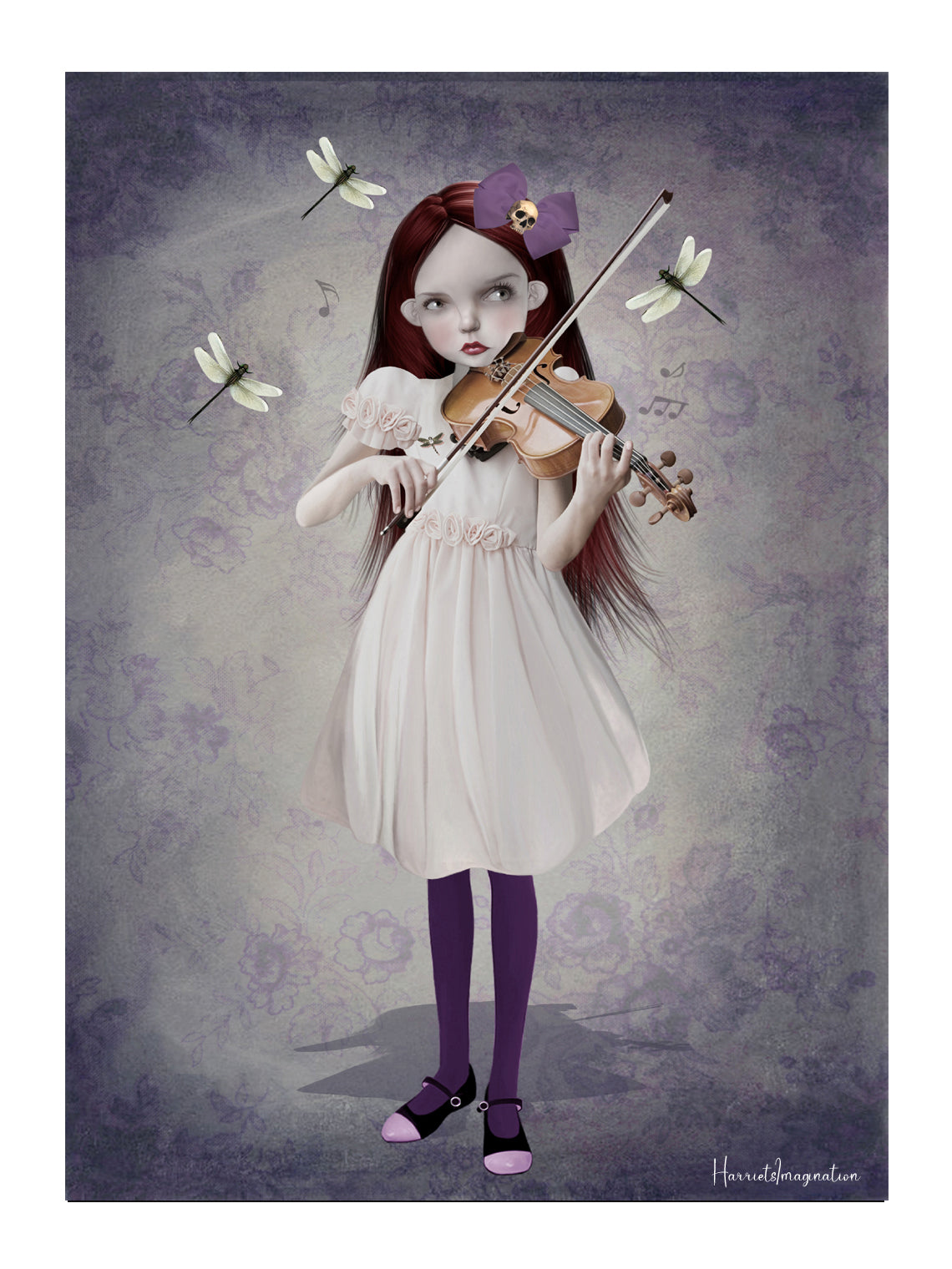 A whimsical art print featuring a girl playing a violin and dragonflies dancing around her, displayed without a frame.