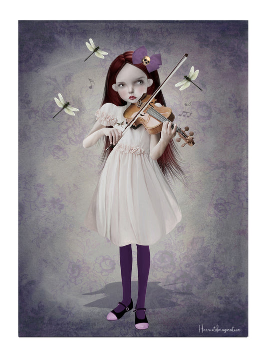 A whimsical art print featuring a girl playing a violin and dragonflies dancing around her, displayed without a frame.