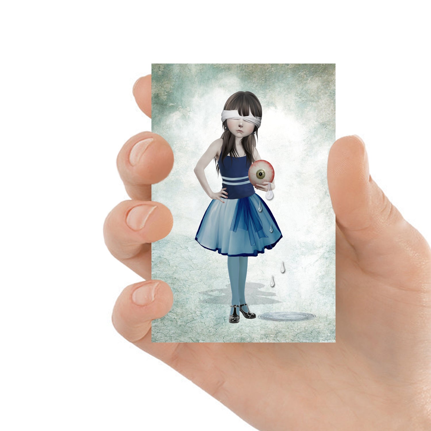 ACEO art card featuring a girl and giant eyeball, held in hand—Eclectic art style with dark, whimsical elements.
