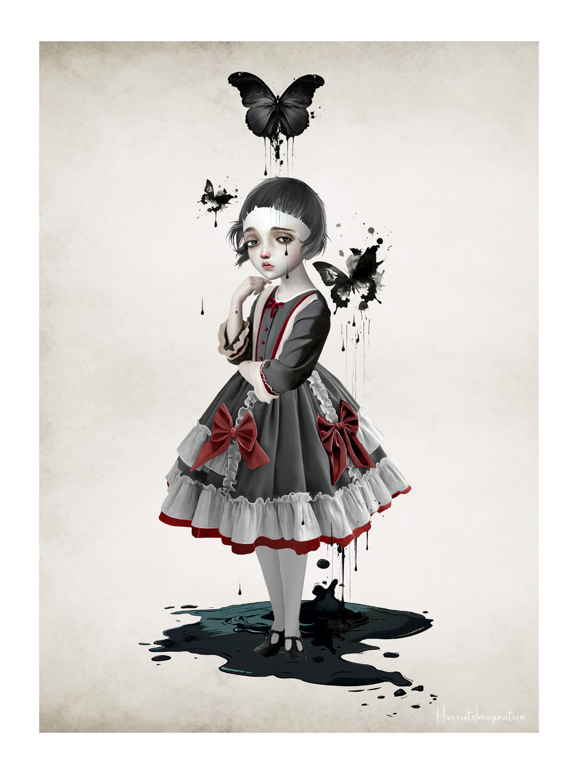 A striking art print featuring a girl and melting black butterflies, displayed without a frame.