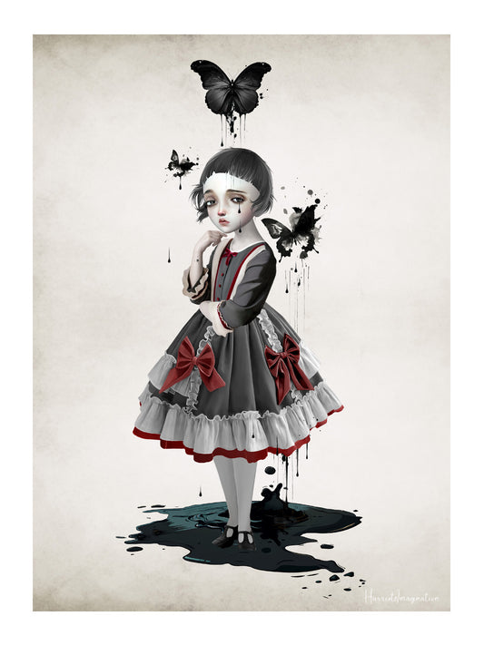 A striking art print featuring a girl and melting black butterflies, displayed without a frame.