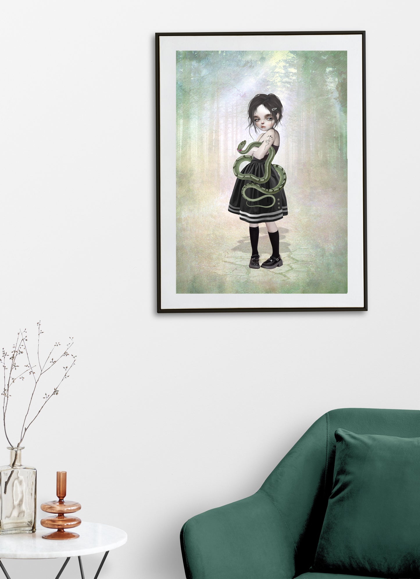 Girl and pet snake art print hanging on the wall of a modern living room. Perfect for adding a quirky touch to your home decor.