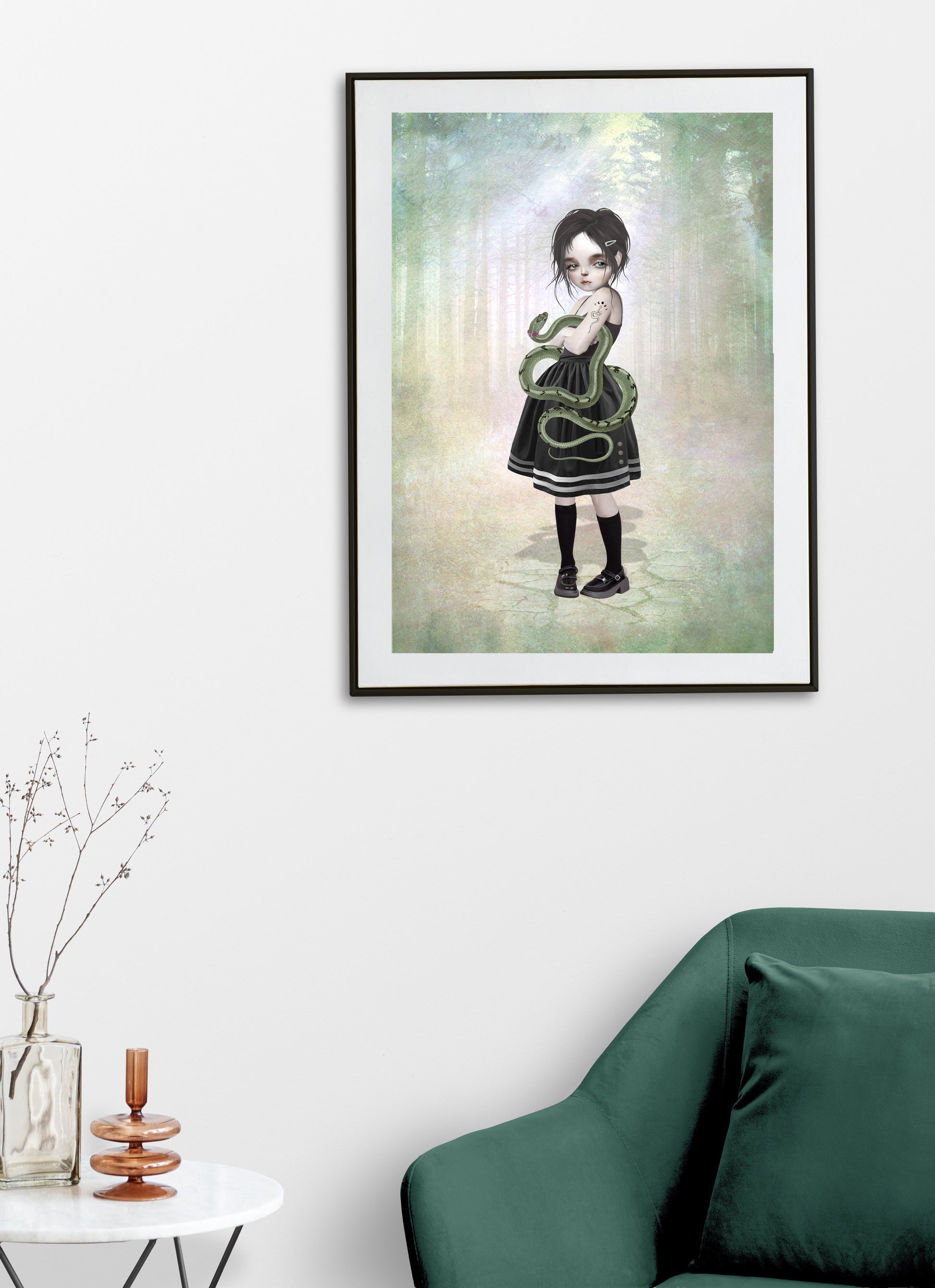 Girl and pet snake art print hanging on the wall of a modern living room. Perfect for adding a quirky touch to your home decor.