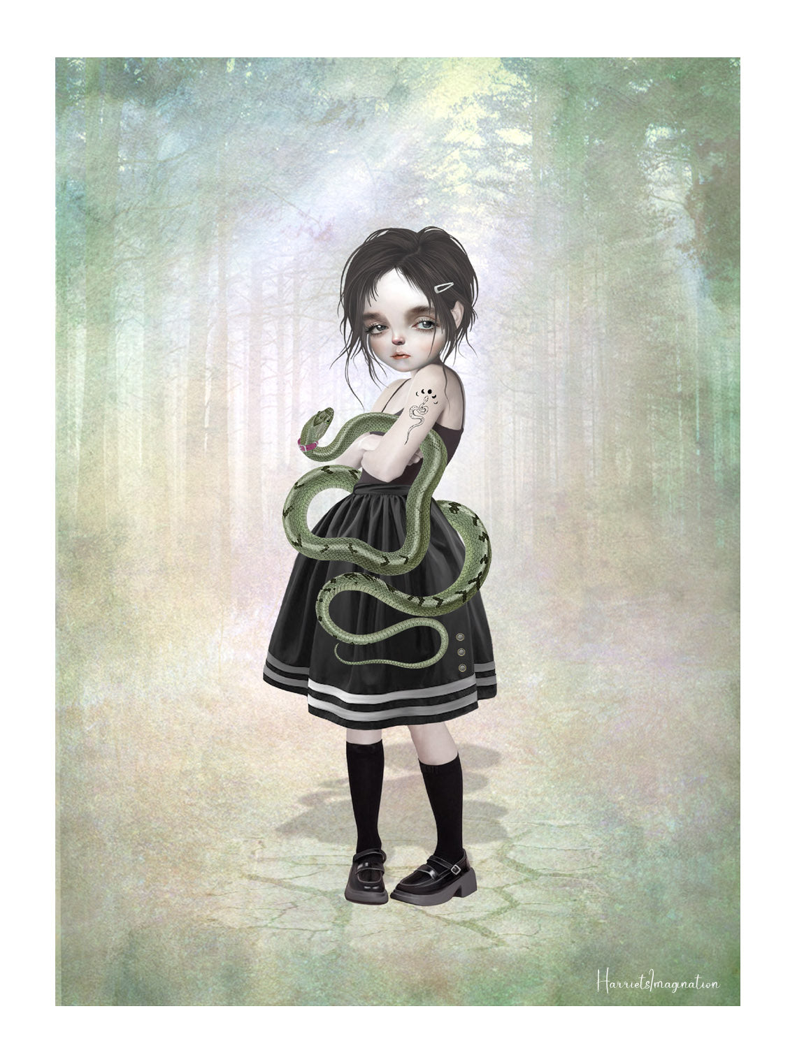 A pop surrealism art print featuring a girl and her pet snake, displayed without a frame.
