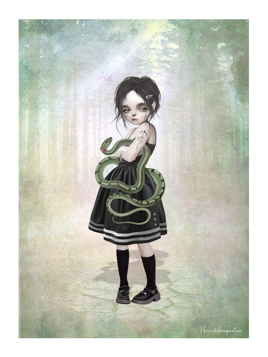 A pop surrealism art print featuring a girl and her pet snake, displayed without a frame.