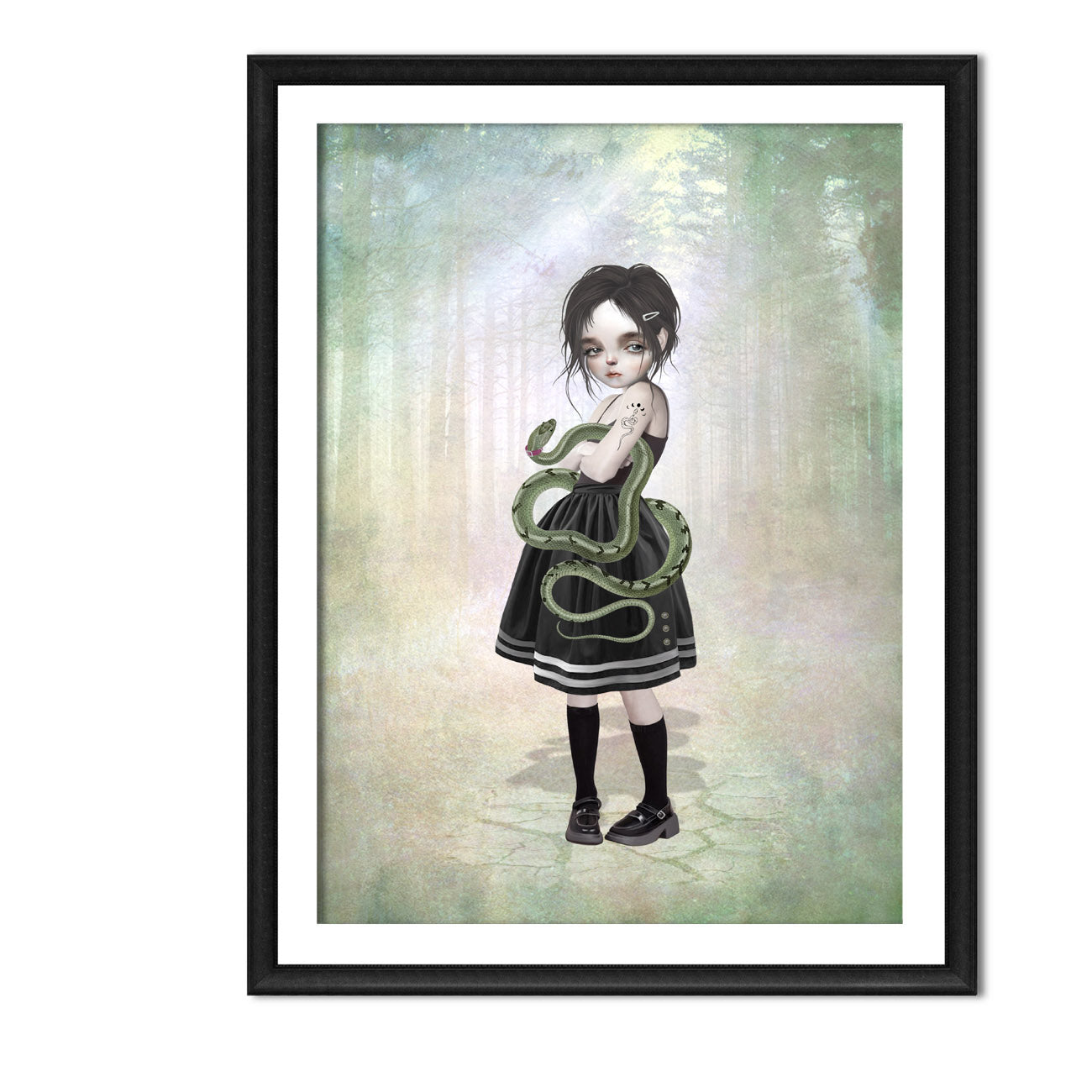 Girl and pet snake art print in a sleek frame, set against a white background.