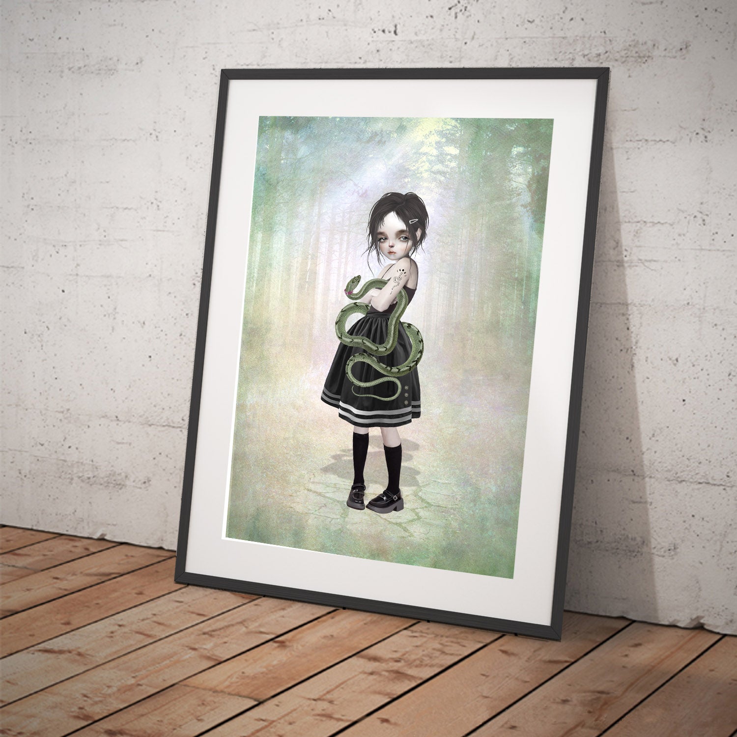 Art print featuring a girl and pet snake. Displayed in a tilted frame for a stylish presentation. Perfect for quirky-themed decor.
