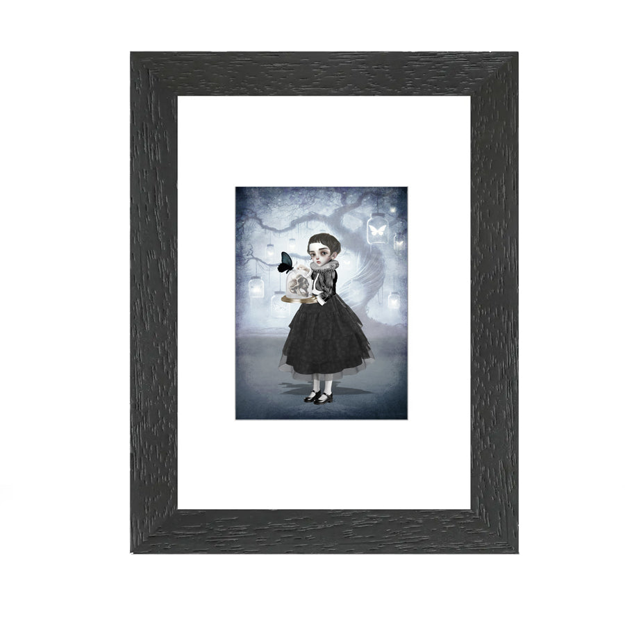 The Girl and Skull ACEO card featuring Memento Mori art, beautifully framed to showcase its intricate details and striking design as a collectible piece.