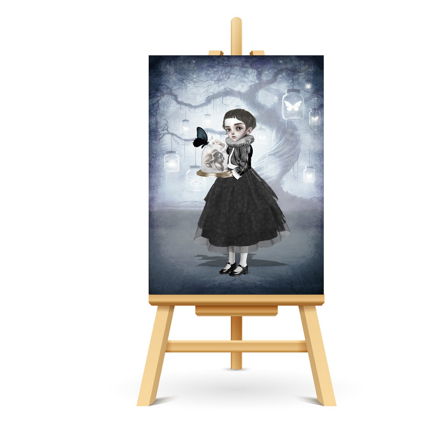 The Girl and Skull ACEO card featuring Memento Mori art, displayed on a miniature stand, showcasing its intricate design in a unique and collectible format.