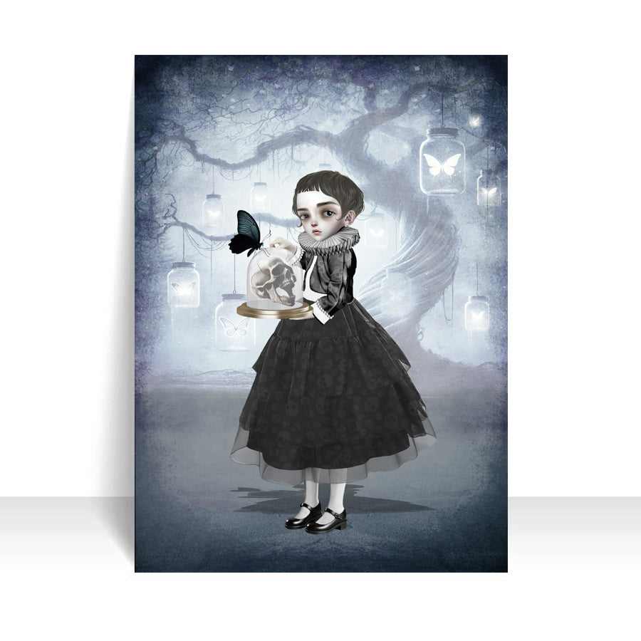 The Girl and Skull ACEO card featuring Memento Mori art, displayed on a clean white background, highlighting its detailed design and unique symbolism.