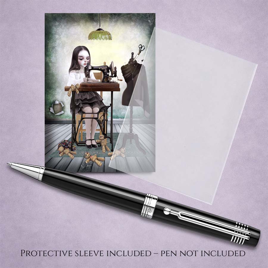 Girl Sewing Voodoo Dolls ACEO art card with sleeve and pen for display