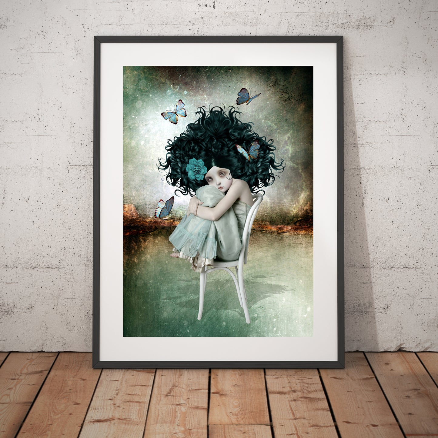 Surreal art print, a girl sits silently whilst butterflies flutter around her.