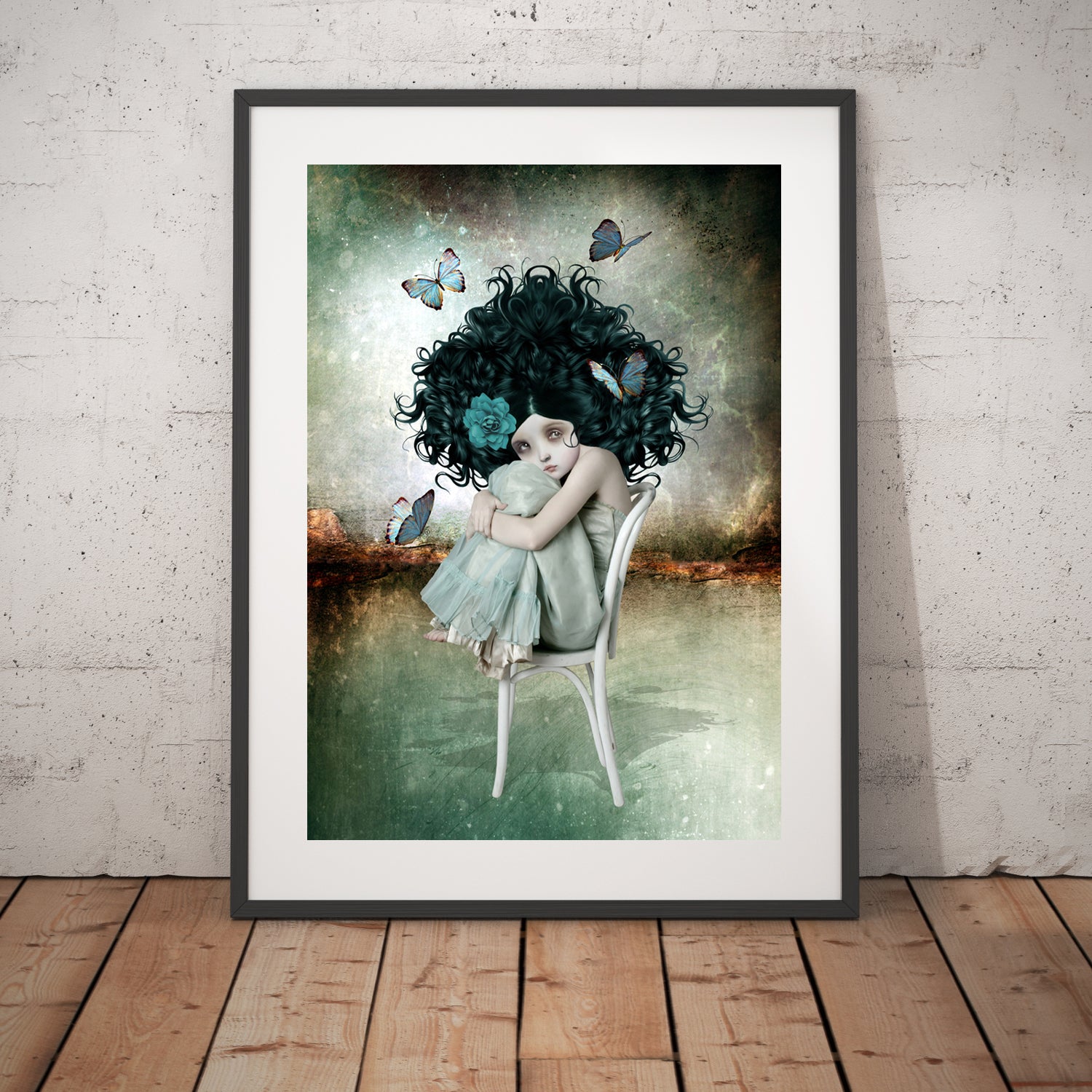 Surreal art print, a girl sits silently whilst butterflies flutter around her.