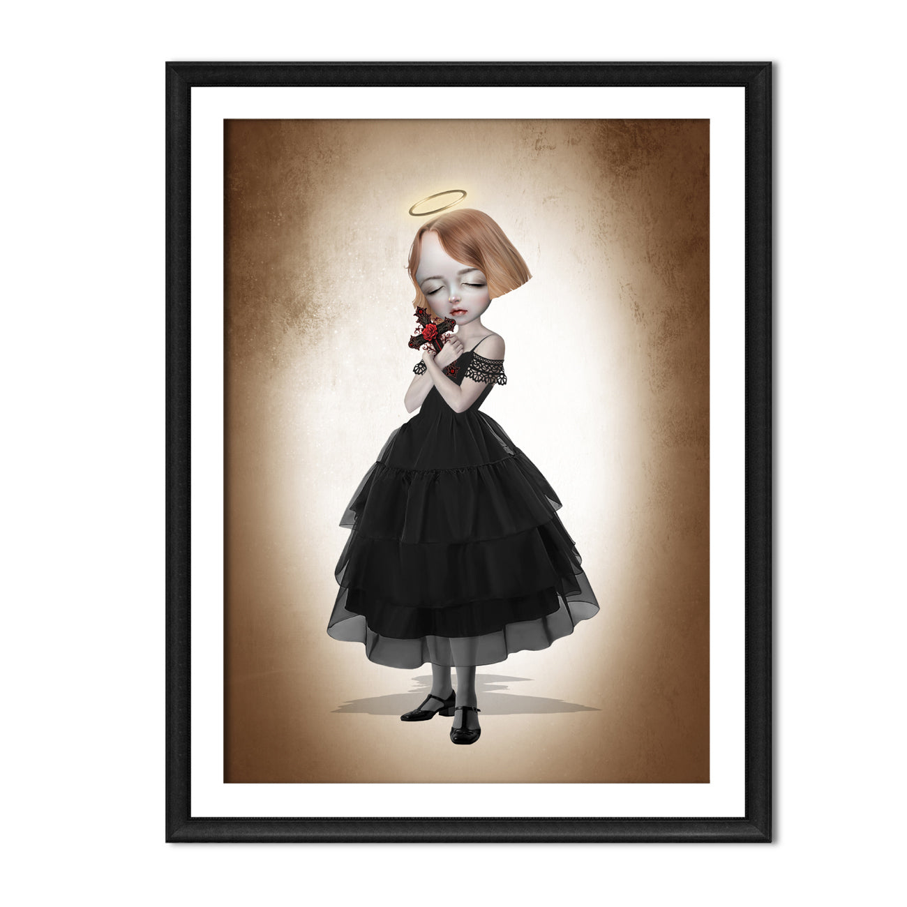 Girl and crucifix art print in a sleek frame, set against a white background
