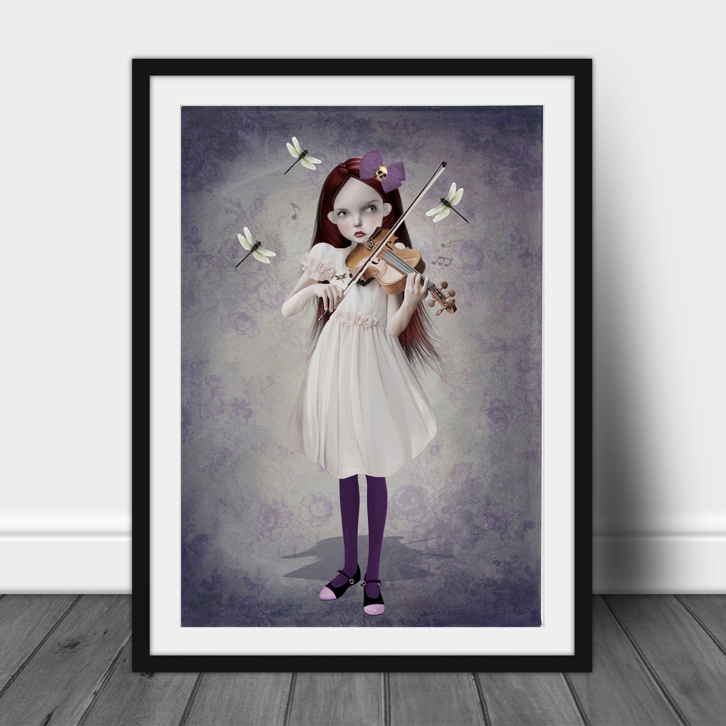 Art print of a girl playing violin surrounded by dancing dragonflies, leaning against a wall, creating a  whimsical and surreal elements