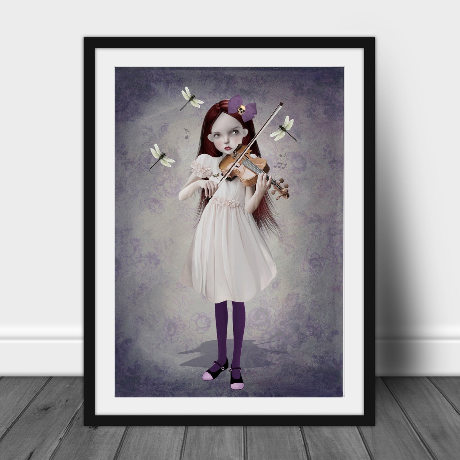 Art print of a girl playing violin surrounded by dancing dragonflies, leaning against a wall, creating a  whimsical and surreal elements