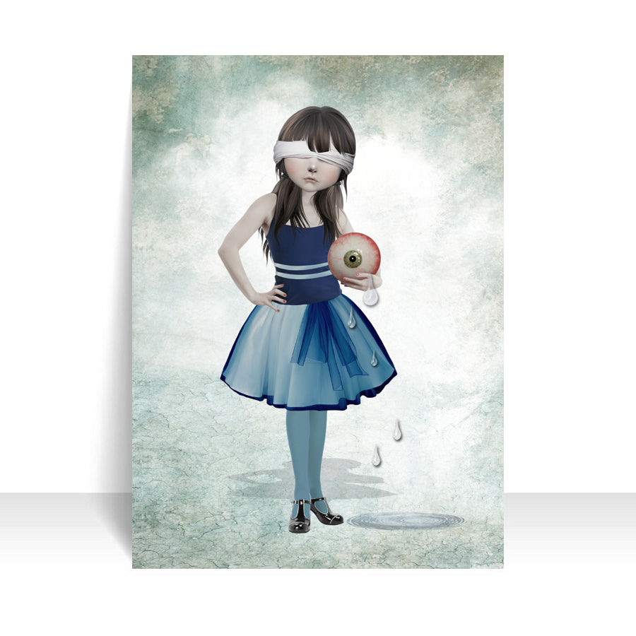 Close-up of Girl with eyeball ACEO art card against a white background, highlighting its intricate eclectic details.