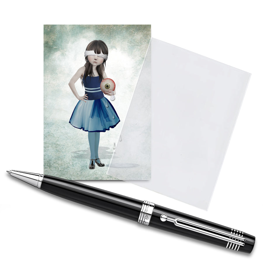The ACEO card features a  girl with a giant eyeball, displayed in a clear protective sleeve with a pen for size comparison. It showcases eclectic artwork.