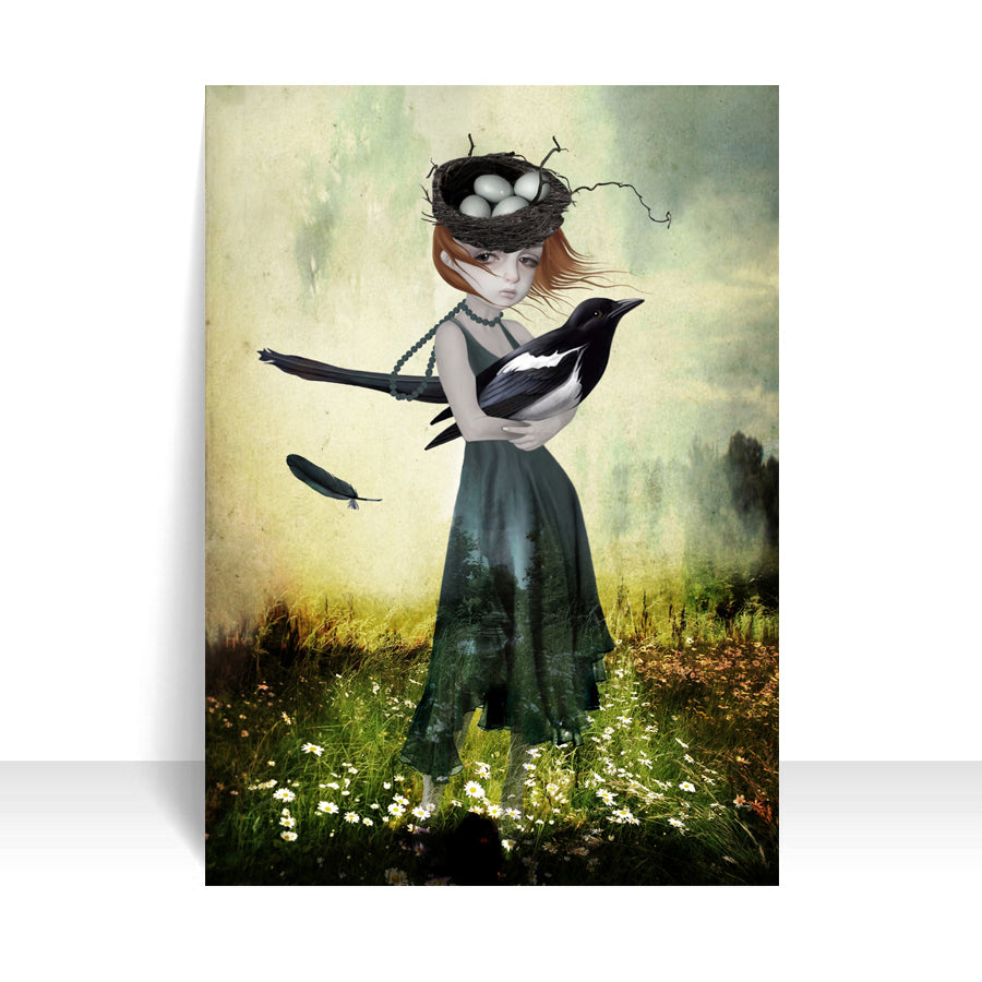 ACEO showcases a surreal scene of a girl with a nest of eggs atop her head, holding an oversized Magpie.