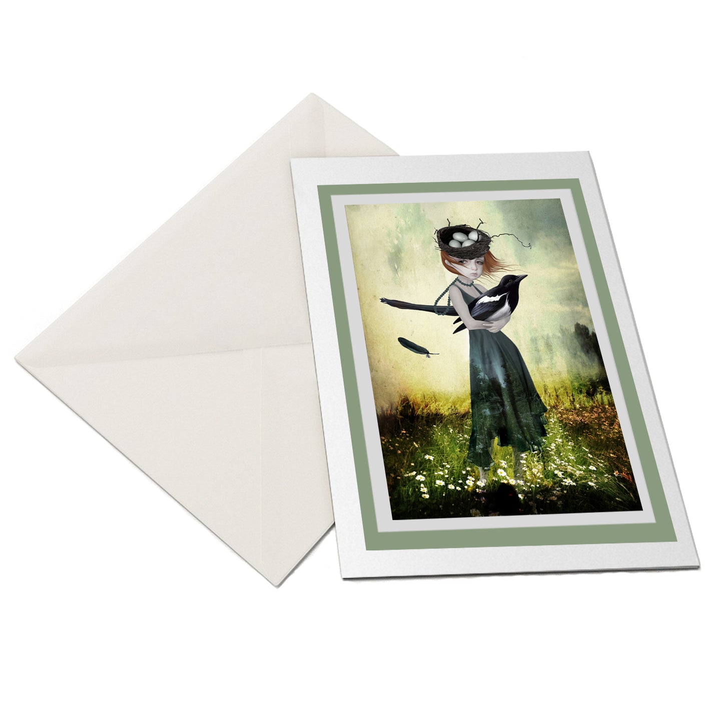 Girl and magpie art greeting card. Featuring a charming girl adorned with a nest on her head, delicately holding an oversized magpie.