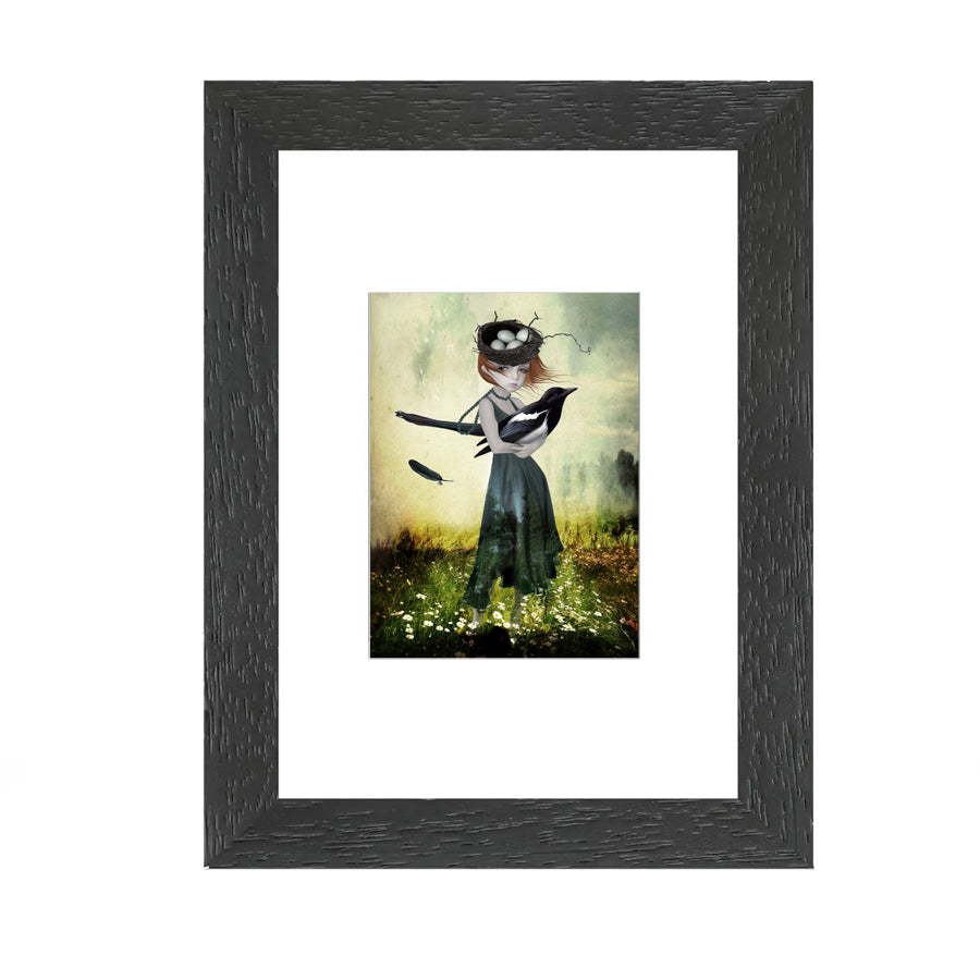 Quirky Artist Trading Card showcases a surreal scene of a girl with a nest of eggs atop her head, holding an oversized Magpie.