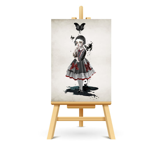 Miniature ACEO art of a girl with melting butterflies, blending edgy and lowbrow art, displayed on a small stand.