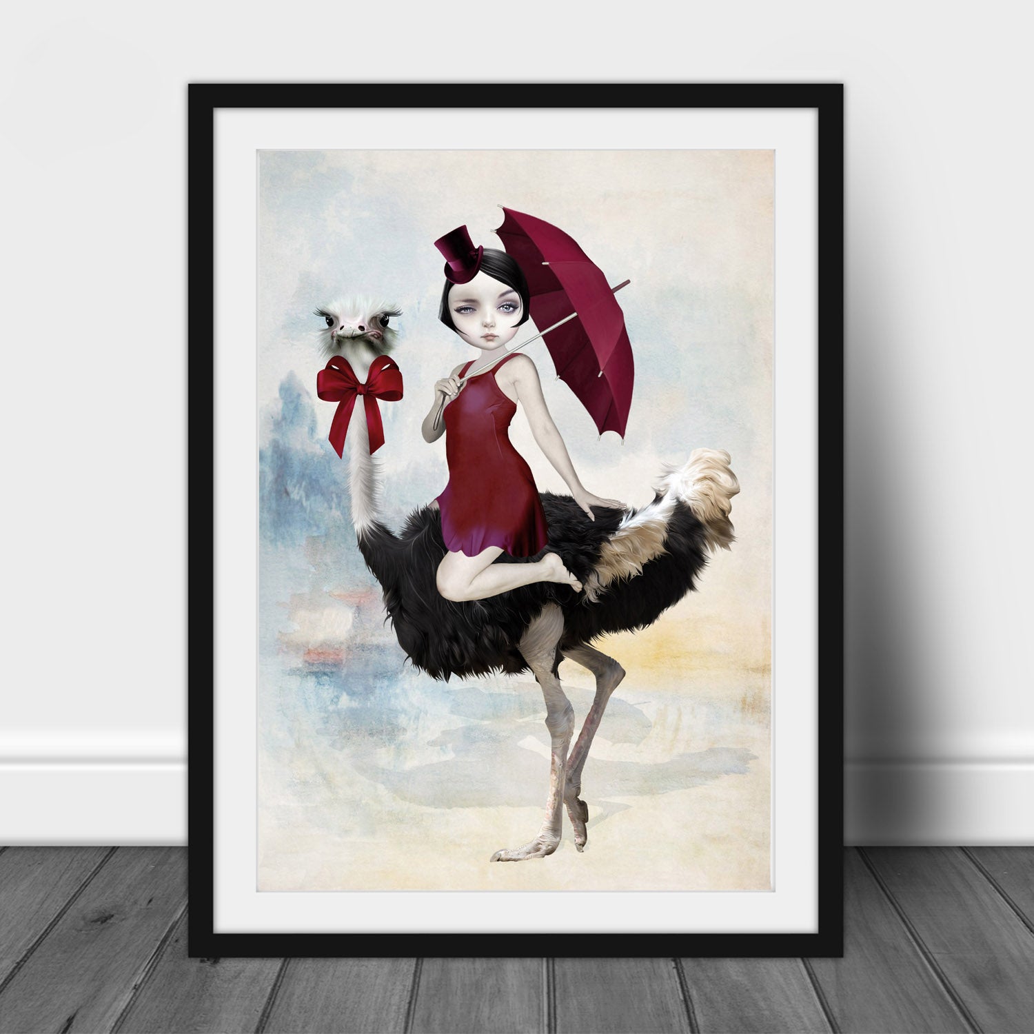 Bird Art Print is a whimsical addition to your wall decor. Featuring a quirky lady riding on the back of an ostrich