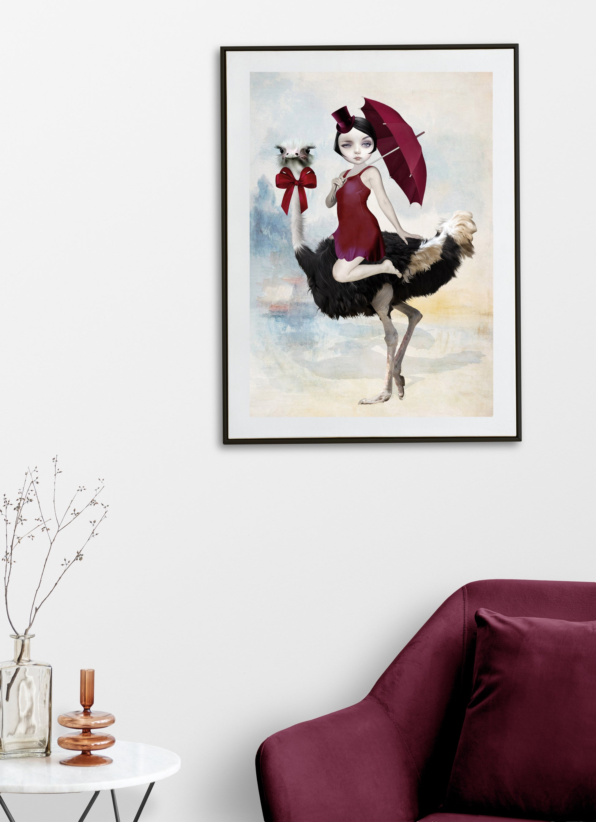 Ostrich Art Print is a whimsical addition to your wall decor. Featuring an elegant lady riding on the back of an ostrich