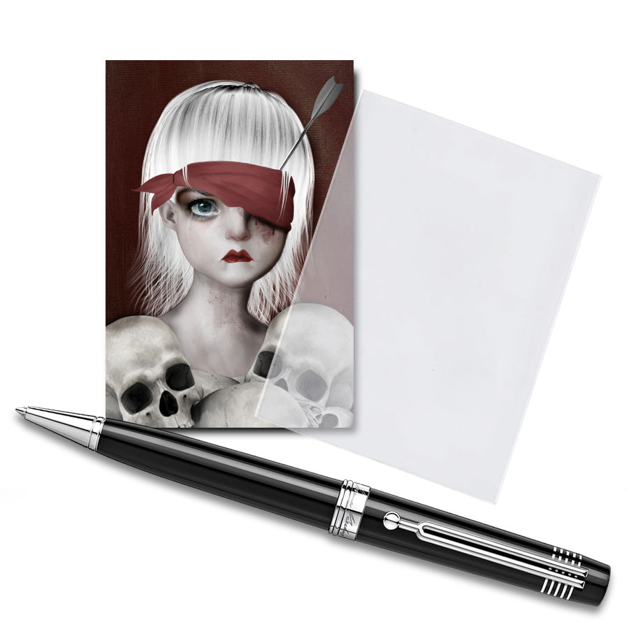 ACEO art card "Lucky", a girl who signifies the transient nature of life with a bloodied blindfold and an eye pierced with an arrow. Surrounded by human skulls,